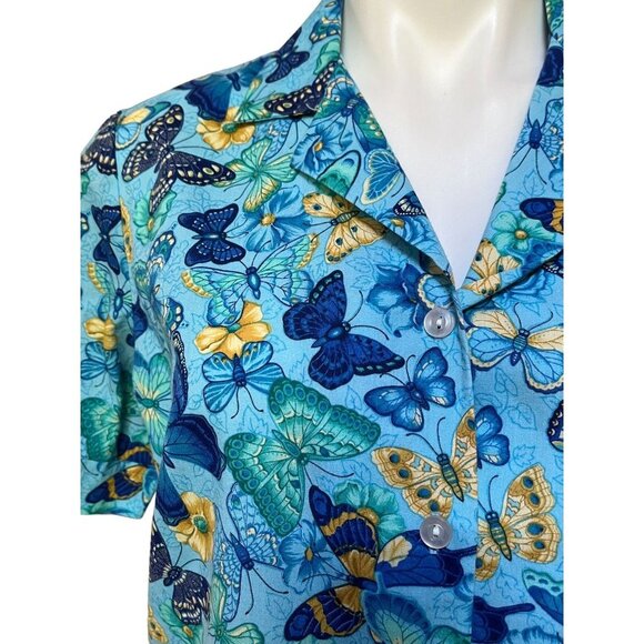 Y2K Women's Whimsical Butterflies Print Button Down Shirt Blue Yellow Small - Picture 2 of 8